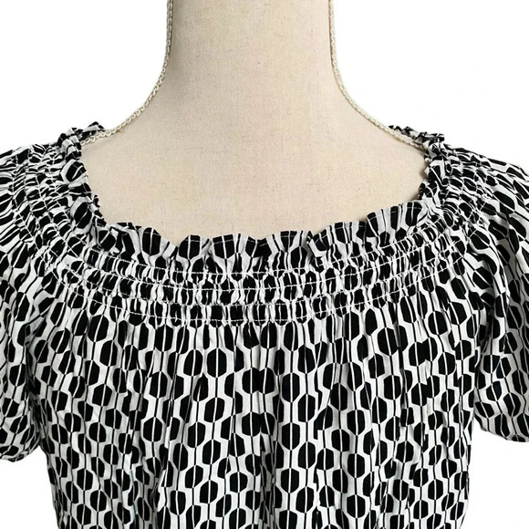 Kate Spade Off Shoulder Tassel Top Black White Abstract Print XXS Rayon - Picture 7 of 16